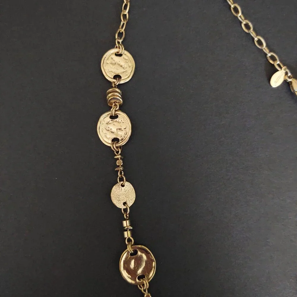 Long gold tone disk single strand necklace - Picture 7 of 12